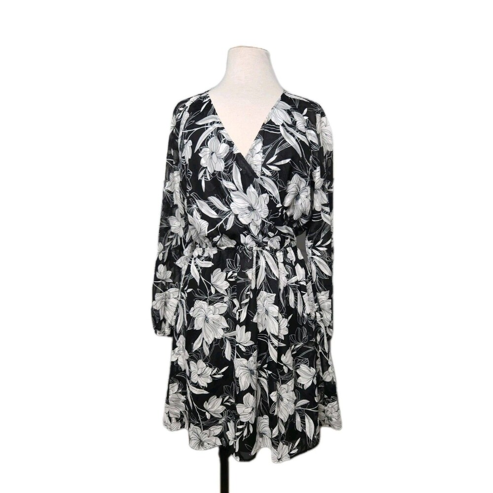 WHBM Dress Long Sleeve Jacquard Black/White V-Neck A-Line Womens 6 Sheer Lined